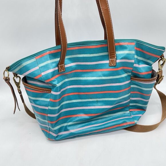 Fossil Stripe Coated Canvas Large Tote Bag Crossbody Strap Multicolor Beach Bag - Picture 3 of 9